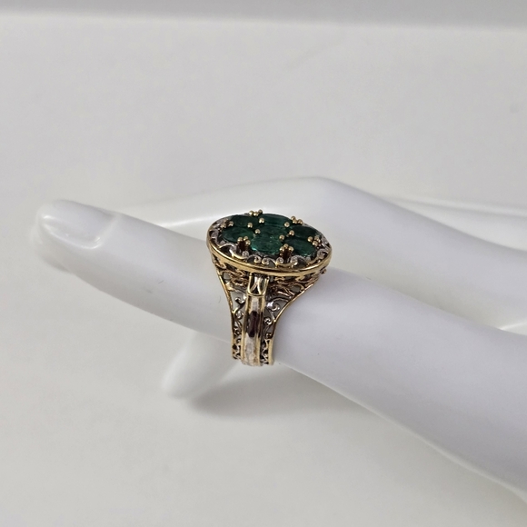 Sterling Silver 925 Intricate Green and Gold Ring with Emerald Cluster - Picture 7 of 7